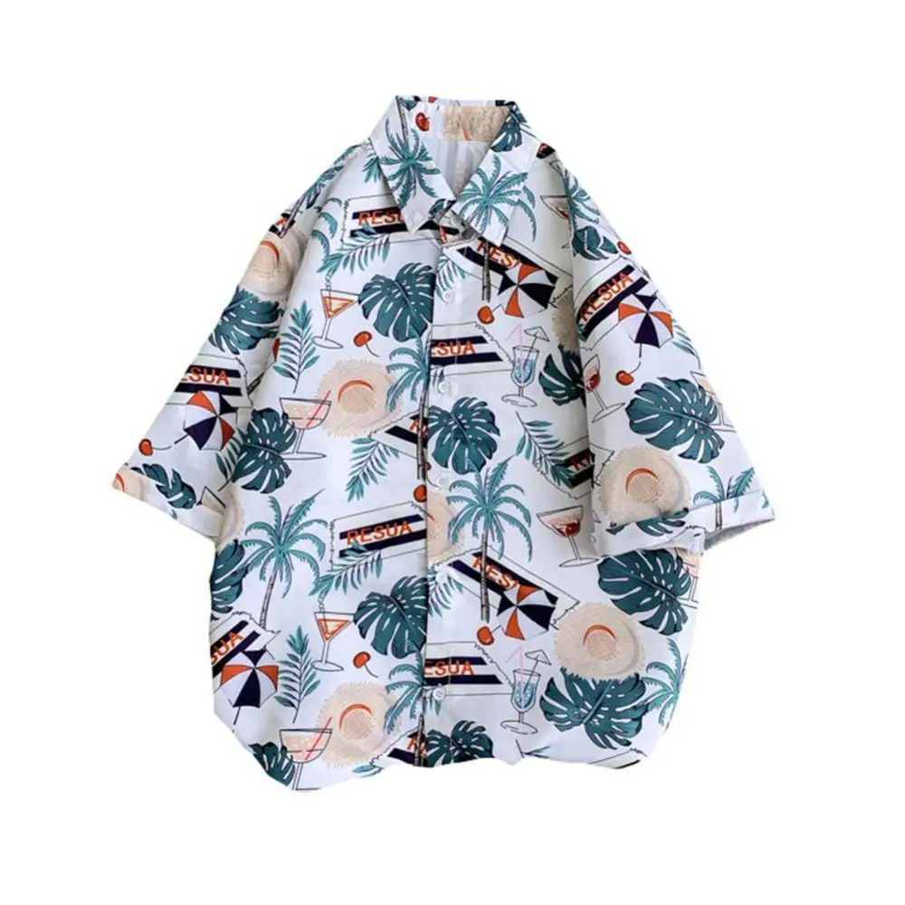 

2022 Summer Hawaiian Shirt Men Coconut Tree Turndown Collar Half Sleeve Button up Loose Beach Blouse Shirt Beach Shirts