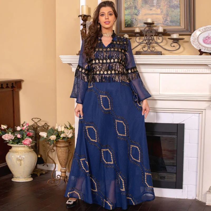 Modest Dress For Woman Dubai Luxury Ramadan Embroidery Sequins Belted Kaftan Wedding Party Occasions Long Dresses Djellaba Femme