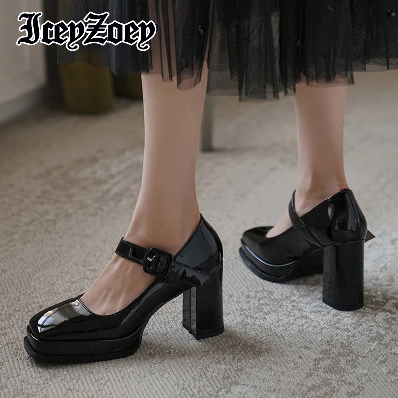 

IceyZoey Genuine Leather Pumps For Women Thick High Heel Female Shoes Square Toe 2022 Pumps Fashion Women Footwear Size 33-40