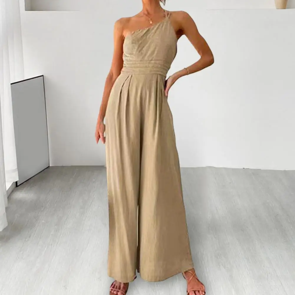 

Women Jumpsuit Casual One Shoulder Sleeveless Sling Jumpsuit Solid Color Waist Tight Backless Wide Leg Summer Jumpsuit For Daily