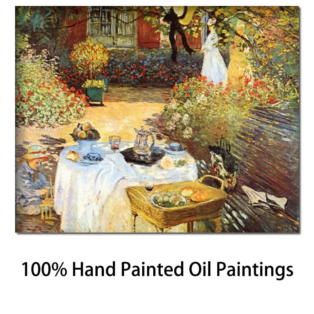 Картина Клода Моне "Обед", высокое качество, ручная работа на холсте, знаменитая садовая композиция, декор стен для столовой и кухни, современный стиль.