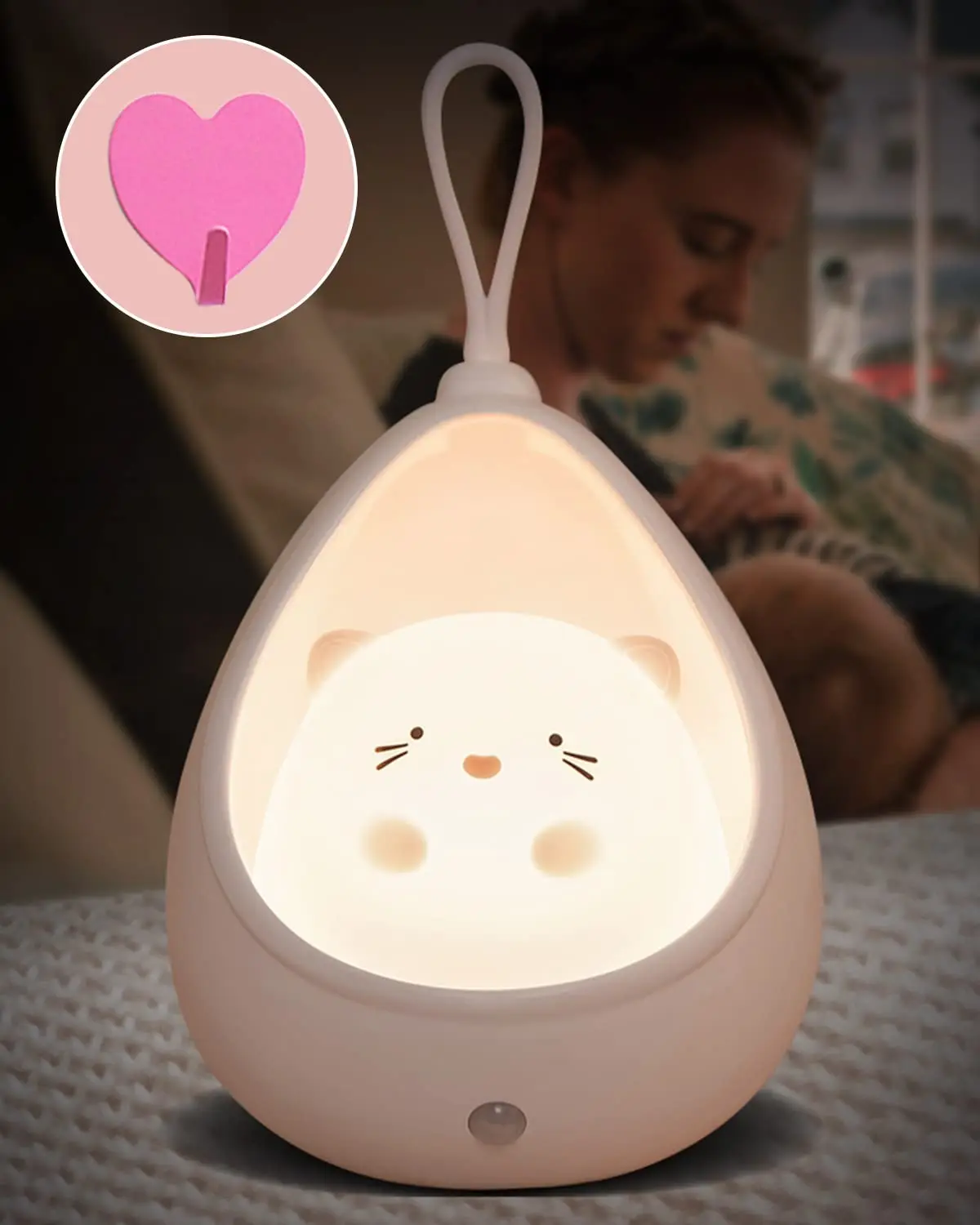 

Cute Cat Night Light, with Sensor, Rechargeable Night Light with Hook, Warm White LED NightLights for Children