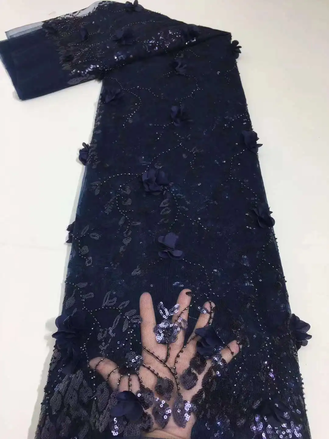 

Navy Blue African Lace Fabric 2022 High Quality Sequin Lace Fabric For Sewing Clothes Sequins Nigerian Tulle Laces Fabric 5Yards