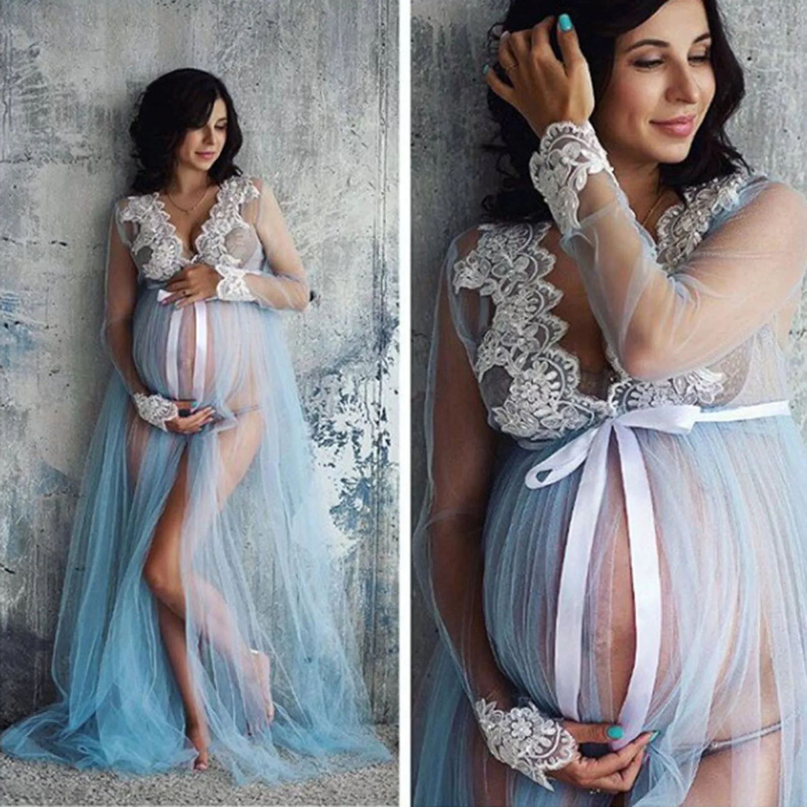 

Summer Long Sleeve V-neck Net Yarn Lace Maternity Split Fork Belt Fashion Dress Maternity Dresses for Photo Shoot vestidos