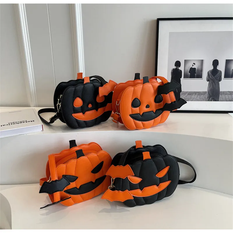 

Halloween Pumpkin One Shoulder Bag For Women PU Leather Funny Batwing Y2K Crossbody Bags Fashion Ladies Handbag