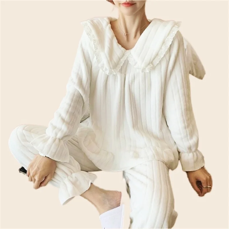 Sexy Bow Homewear Women's Winter Pajamas Set Women Sweet Princess Full-Sleeve Warm Pink Pyjamas Top Clothes Big Size