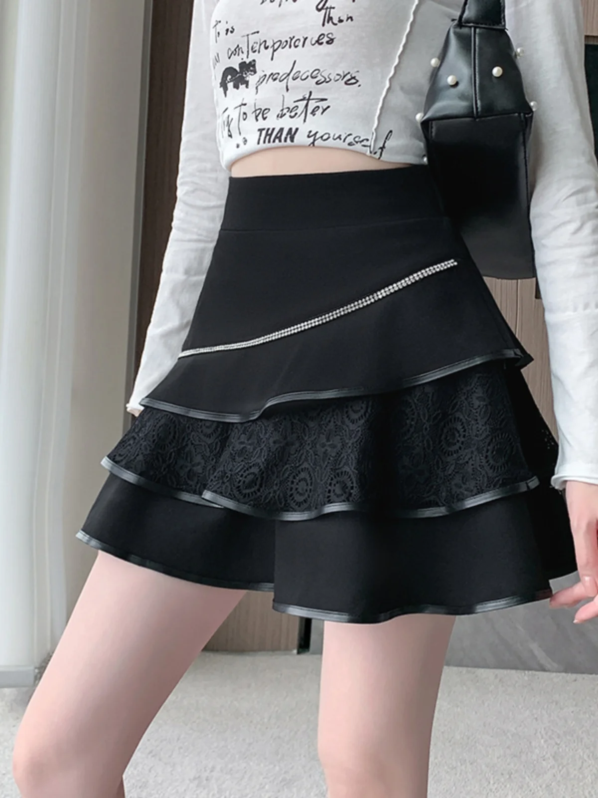 Черная модная кружевная лоскутная юбка-торт весна-осень новая облегающая пышная