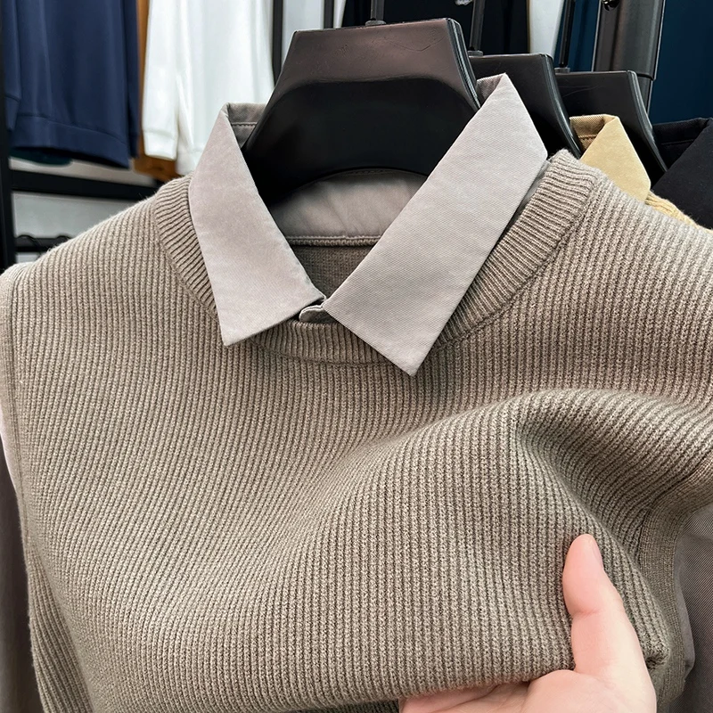 Мужской трикотажный свитер с воротником-рубашкой Осень-зима 2023