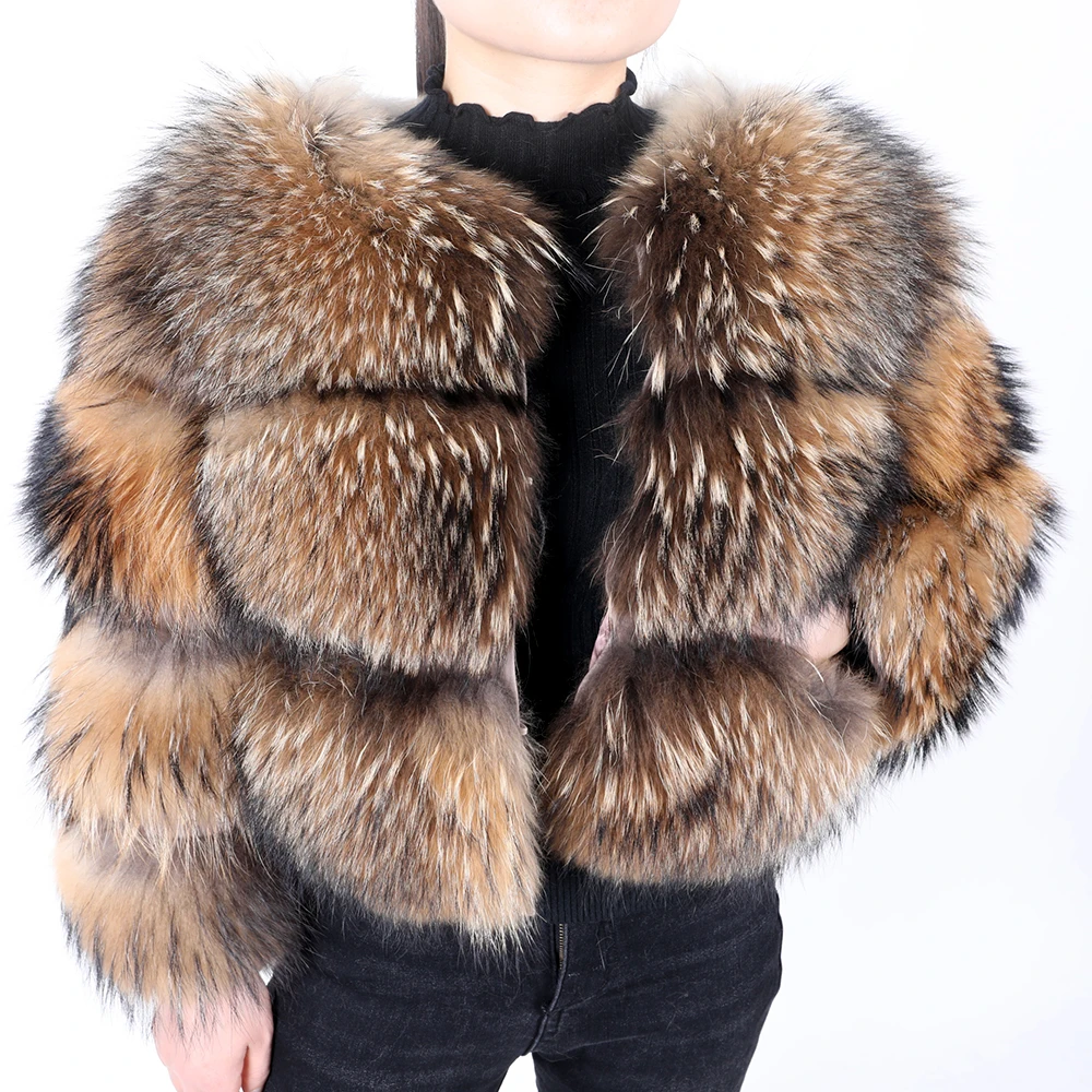 High Quality Winter Raccoon Fur Short Jacket Women's Real Raccoon Fur Round Neck Soft Outerwear Female Thick Warm Real Fur Coat