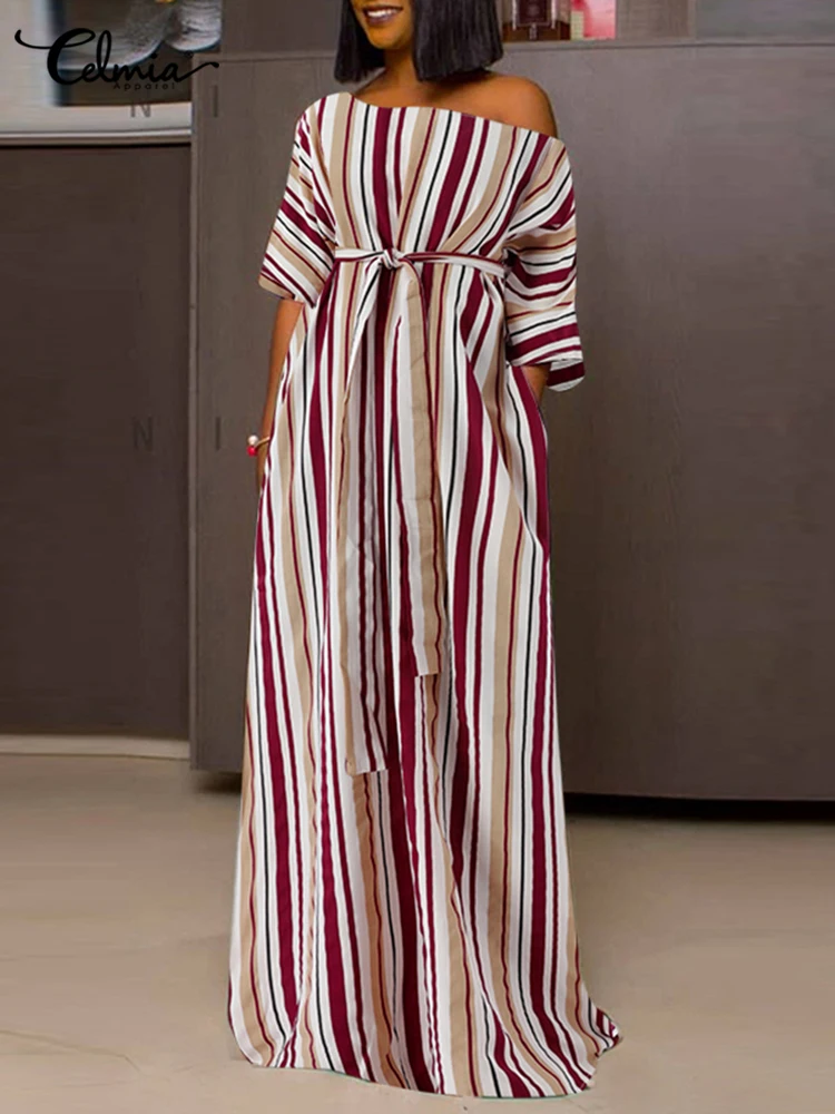 

Женское платье Celmia с открытыми плечами и рукавом до локтя, длинное платье в полоску 2022, летнее праздничное повседневное Бандажное Платье ма...
