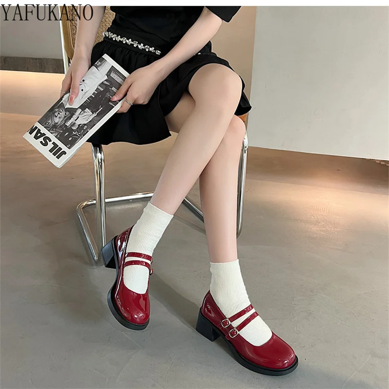 

Matte Bright Leather Retro Square Toe Mary Jane Shoes Fashion Small Leather Shoes French Style Dress Chunky Heeled High Heels