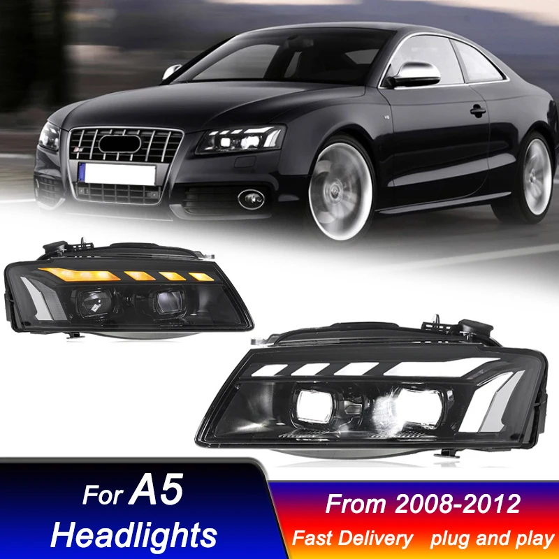 Фото Стильные фары для Audi A5 RS5 2008-2012, новый дизайн, полностью светодиодные DRL, динамические указатели поворота, биксеноновые линзы, комплект фар в сборе. №1
