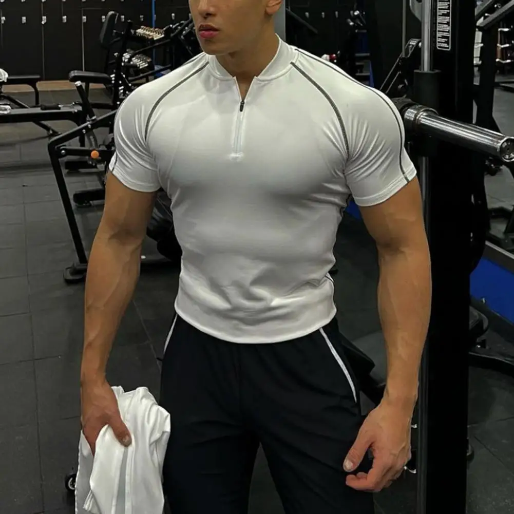 

Sports Men T-shirt Zipper Casual Comfortable Pullover Thin Slim Fit Short Sleeve Stand Collar Quick Dry Summer Top Daily Clothes