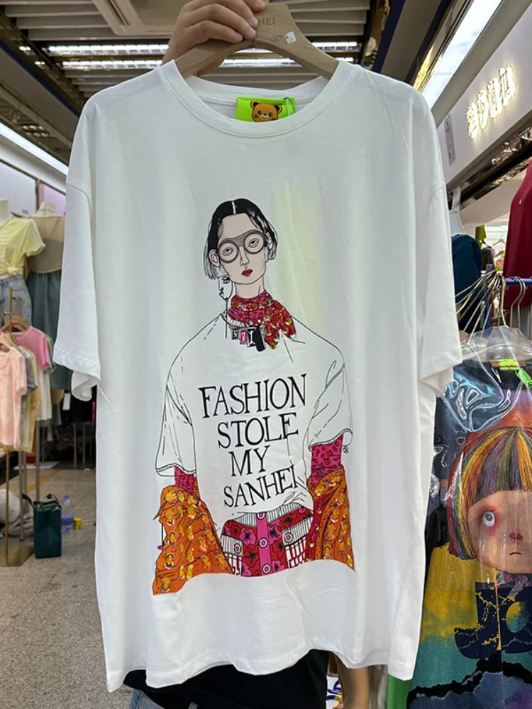 

Cartoon Sequins Pullover Loose Mid-Length Short-Sleeve T-shirt Women's 2023 Summer Thin Fashion All-Match Round Neck White Top