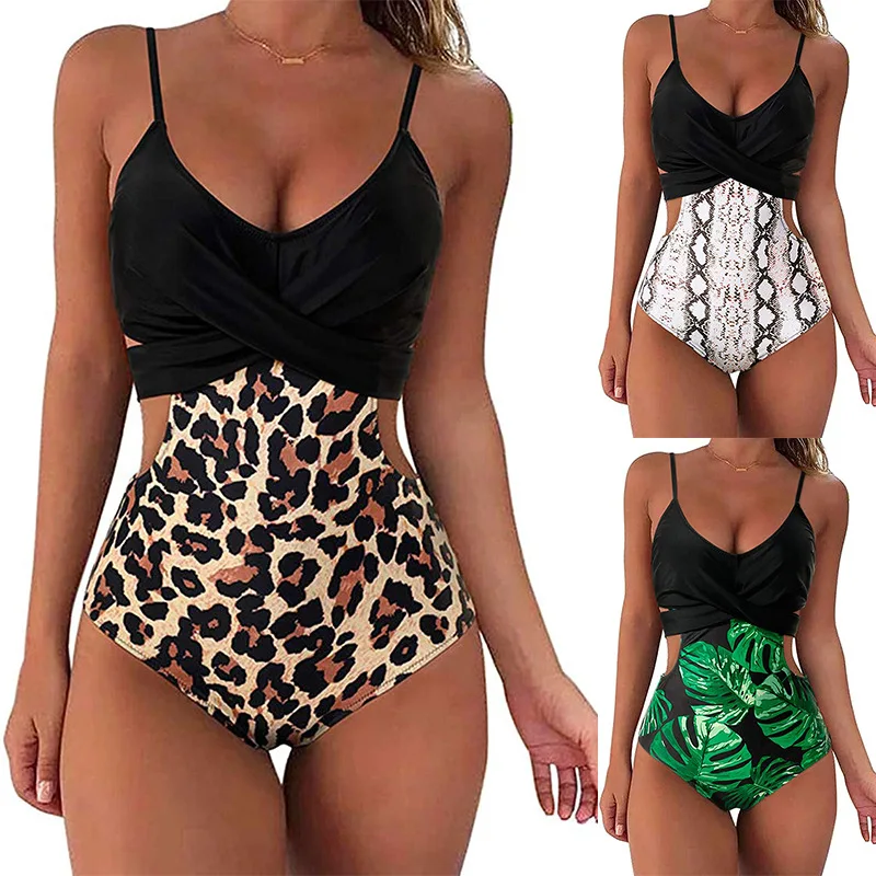 

2022 New Sexy Women's One Piece Swimsuit V Neck Colorblock Bathing Suit Tummy Control Ruched Backless Tie Swimming Costume
