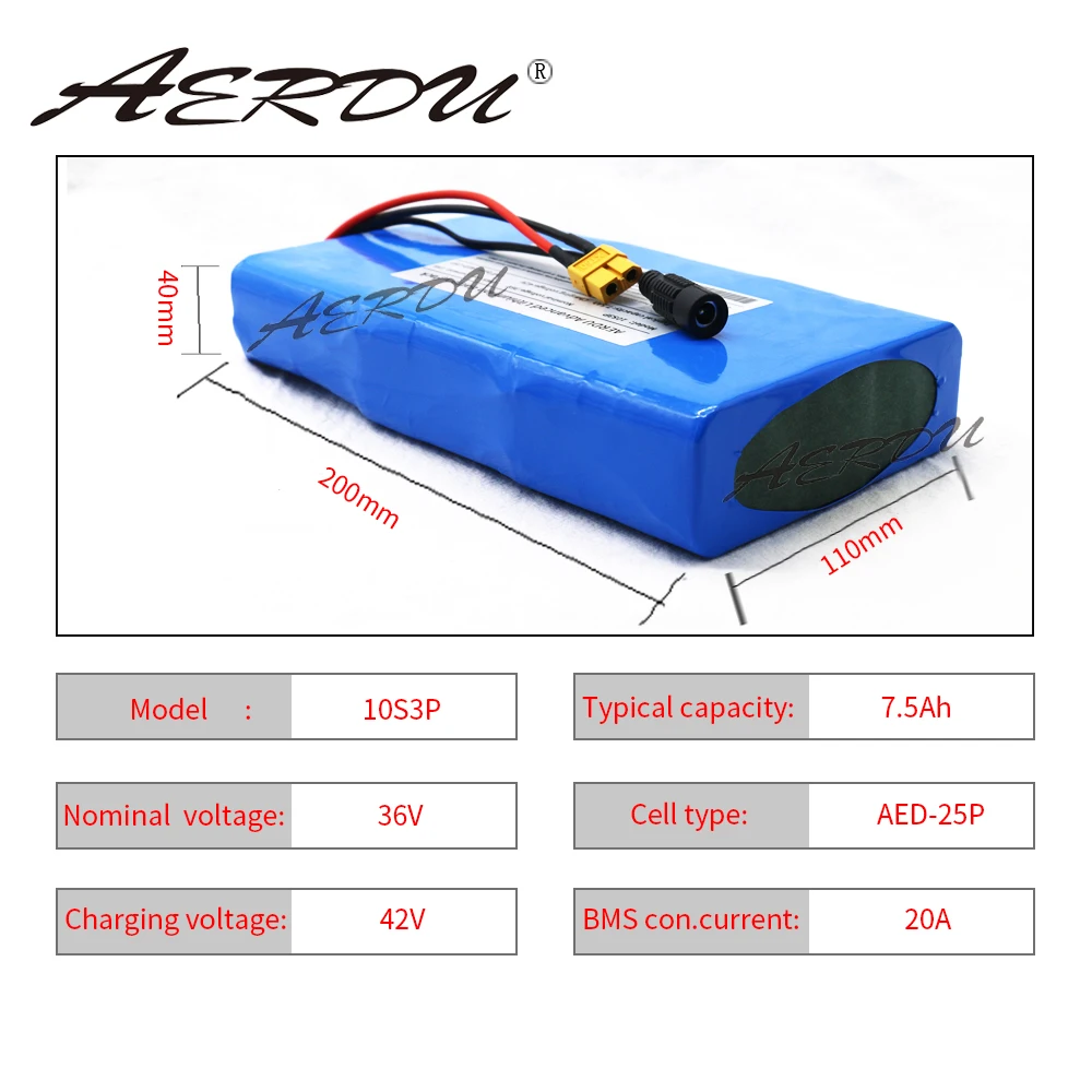 

Ультратонкий литиевый аккумулятор AERDU 36 В 10S3P 42 в 18650 Ач 15 а BMS высокой мощности для электровелосипеда, скутера