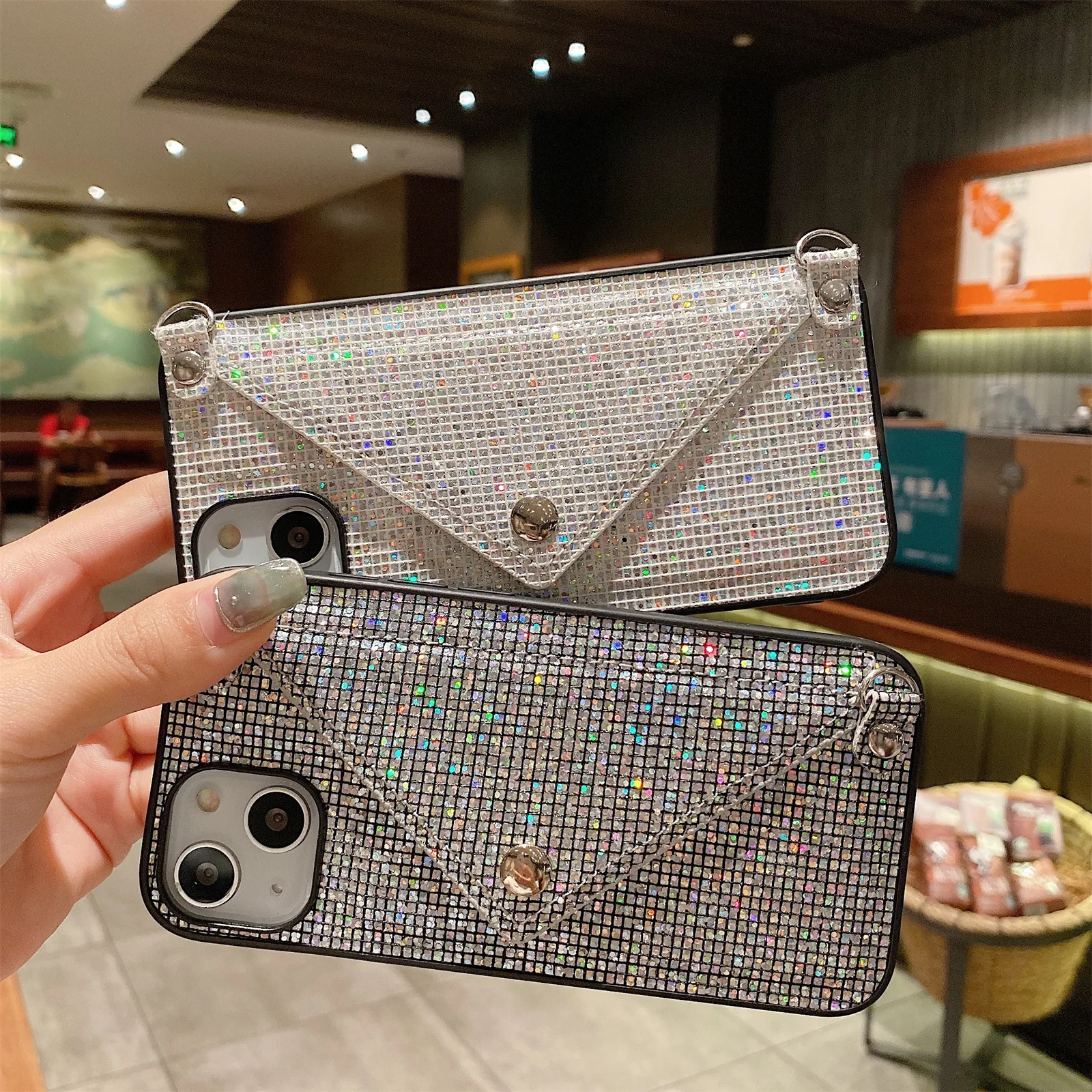 

Crossbody Phone Case for IPhone 13 12 11 Pro XS Max XR X 8 7 Plus Card Slot Lanyard Glitter Bling Sparkle Diamond Leather Cover