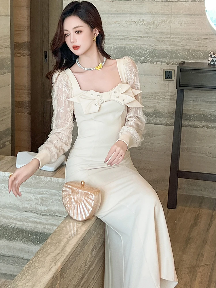 Autumn Fashion Casual Sweet Bow Square Collar Fishtail Long Dress Women Clothes Elegant Lace Sleeve Slim Robe Party Vestido