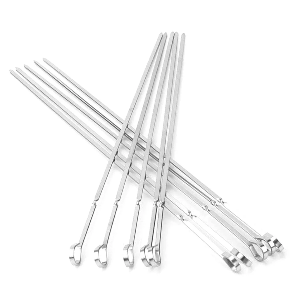 

10pcs Stainless Steel BBQ Barbecue Kabob Flat Metal Grilling Skewers Set Reusable BBQ Sticks 45cm