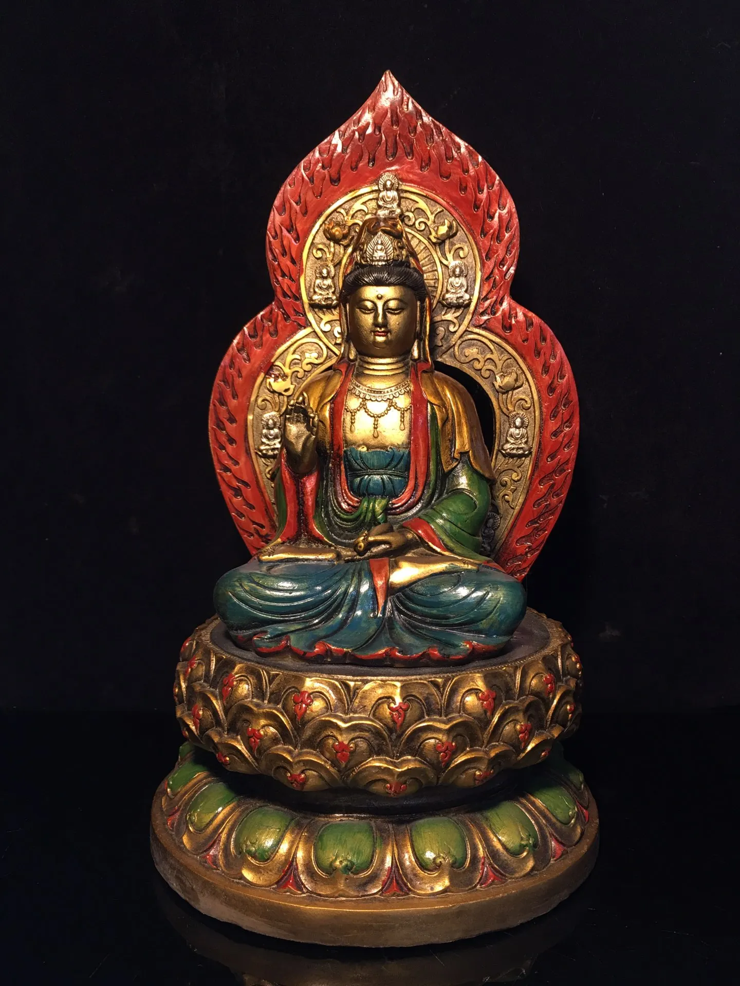 

Коллекция тибетских храмов, старое бронзовое окрашенное освещение, платформа с лотосом Гуаньинь Бодхисаттва, семейный экзорцизм, 11 дюймов