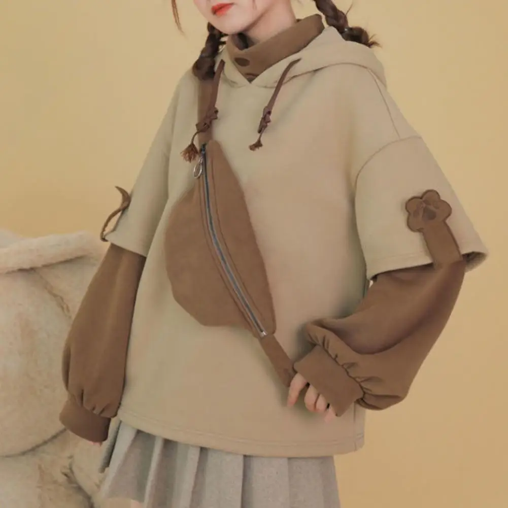 

Harajuku Women Winter Hoodie Hooded Fake Two-piece Detachable Bag Long Sleeve Pullover Keep Warm Casual Thick Autumn Sweater