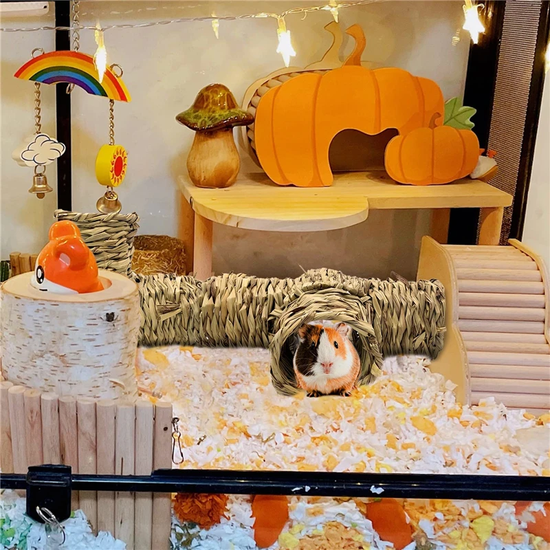 

Tunnel Straw Small Grass Pet Rabbit Hamster Guinea Pig Cage Nest House Chew Bed Tunnel Weaving Pet Bed