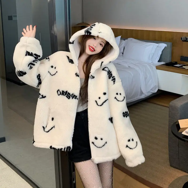 

2023 Winter Cashmere Chic Printing Hooded Women's Hoodie Korean Version Loose Tops Fashion Cartoon Printing Harajuku Sweatshirt