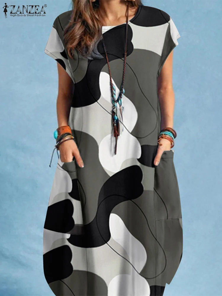 Лето 2024 женский сарафан ZANZEA стильное платье до колен с коротким рукавом и принтом