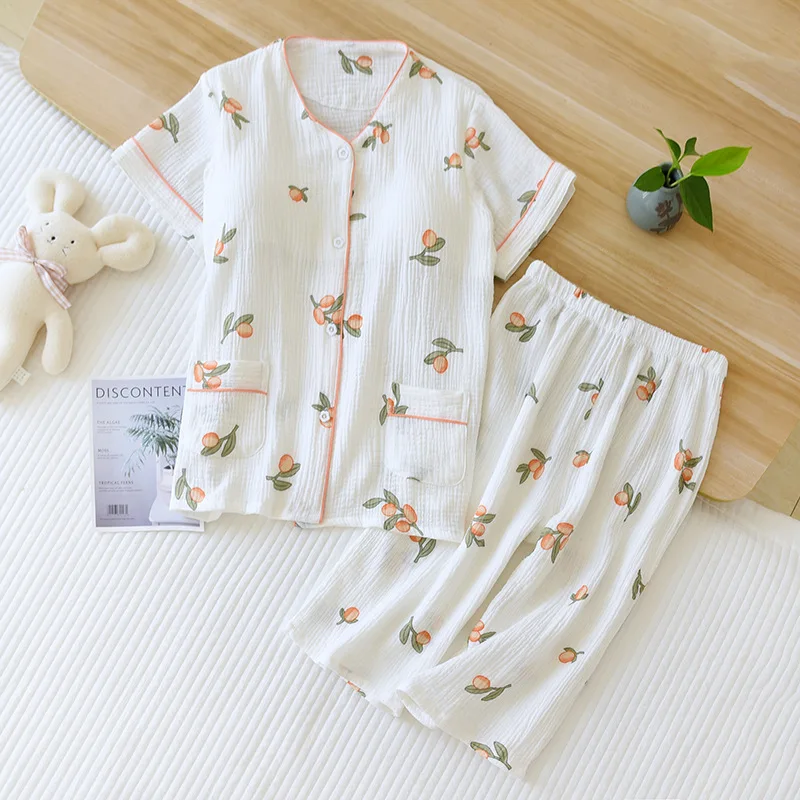 V-neck Pajama Set Women Pyjamas Loungewear Short-sleeved Cropped Pants Mom Soft Crepe Chest Pad Summer Thin Homewear Sleepwear