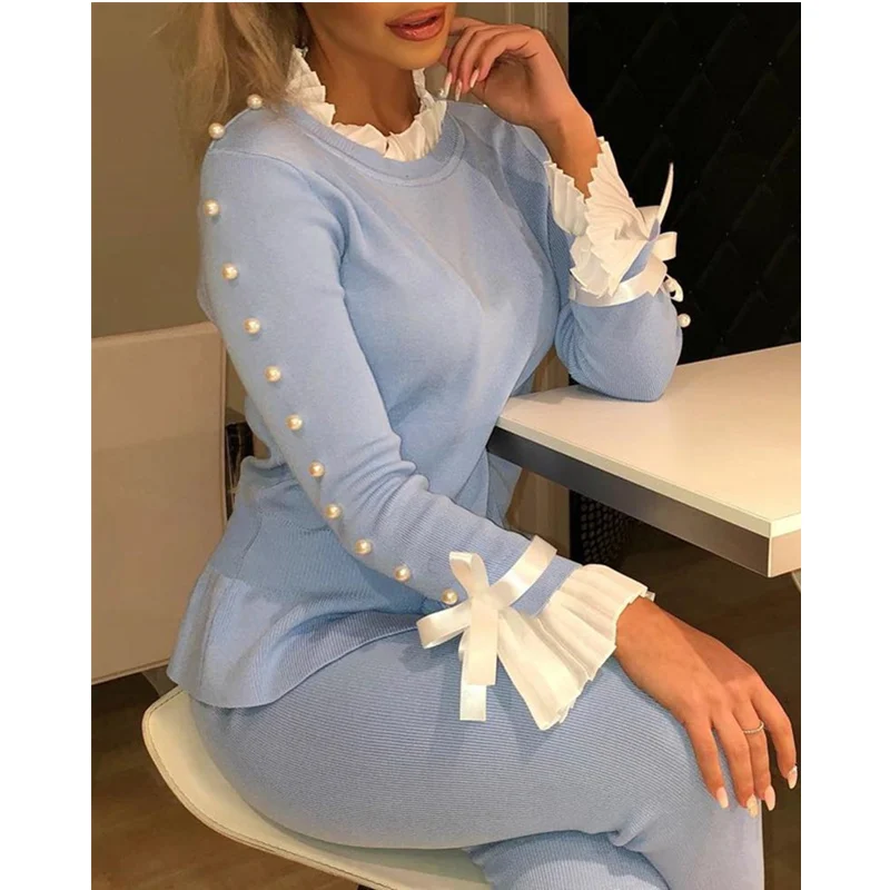 

Bowknot Decor Beaded Frill Hem Long Bell Sleeve Top Fashion Casual Women Autumn Loose Shirt Streetwear