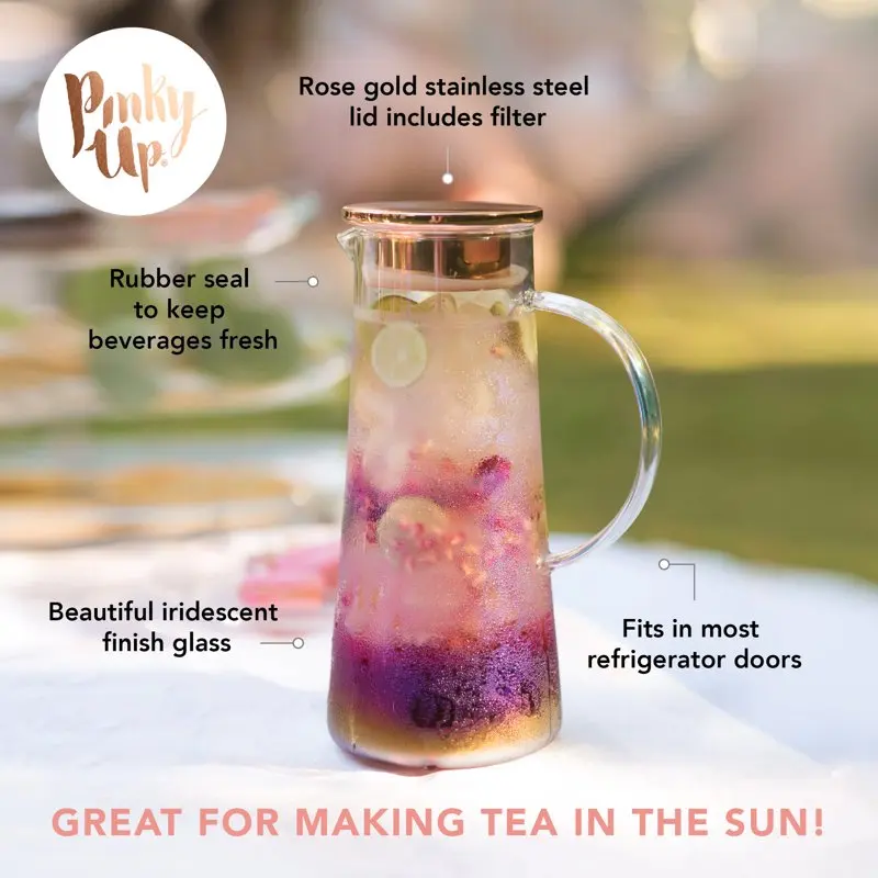 

Glass Iced Tea Pitcher with Lid - Infusion Pitcher with Strainer for Loose Leaf Tea - 1.5liter Iridescent Glass and Stainless St