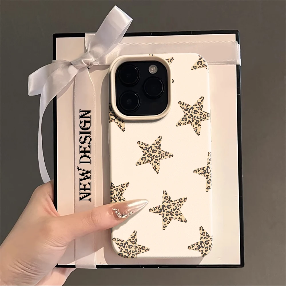 Фото Чехол из кожи личи с принтом дикого леопарда и звездным дизайном для iPhone 17 Air 16 15 14 13 12 11 Pro Max Plus X, стильная защита. №1
