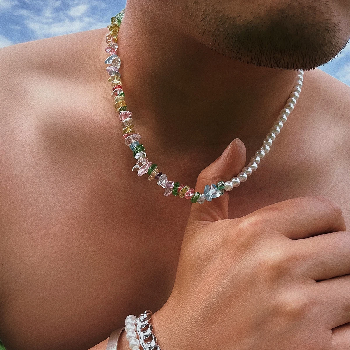 

KunJoe Men's Transparent Colorful Irregular Glass Crystal Imitation Pearl Choker Necklace Women Boho Beads Short Collares Y2K