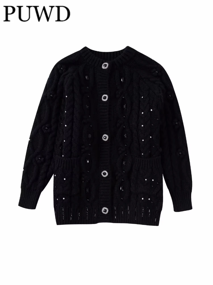 

PUWD Women Black Single-breasted Pearl Knit Jacket With Pockets Long Sleeve 2022 Fall Winter Female Chic Outerwear