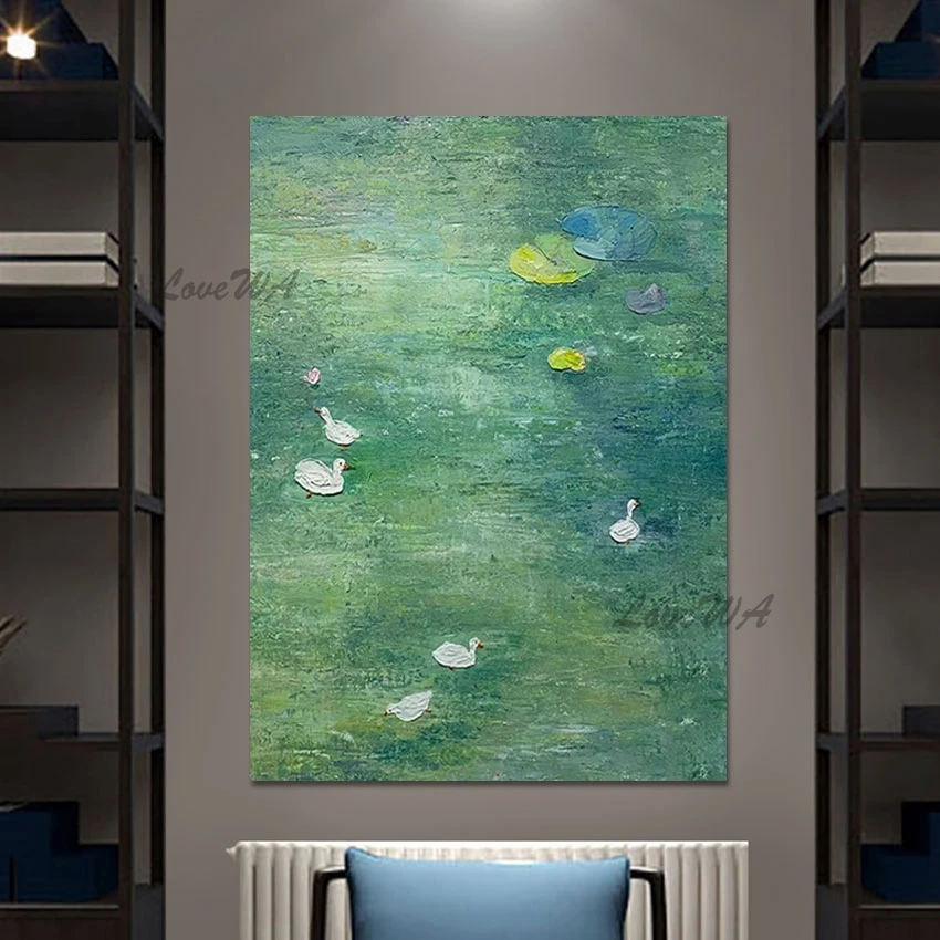 Лист лотоса пруд природный пейзаж настенная картина зеленая акриловая текстура