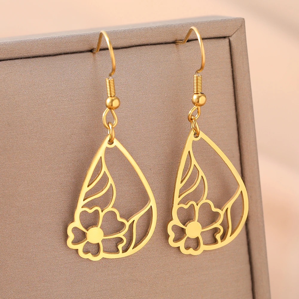 

Stainless Steel Earrings Hollow Leaves Flowers Pendant Water Drop Earrings For Women Jewelry Non-fading High-quality Products
