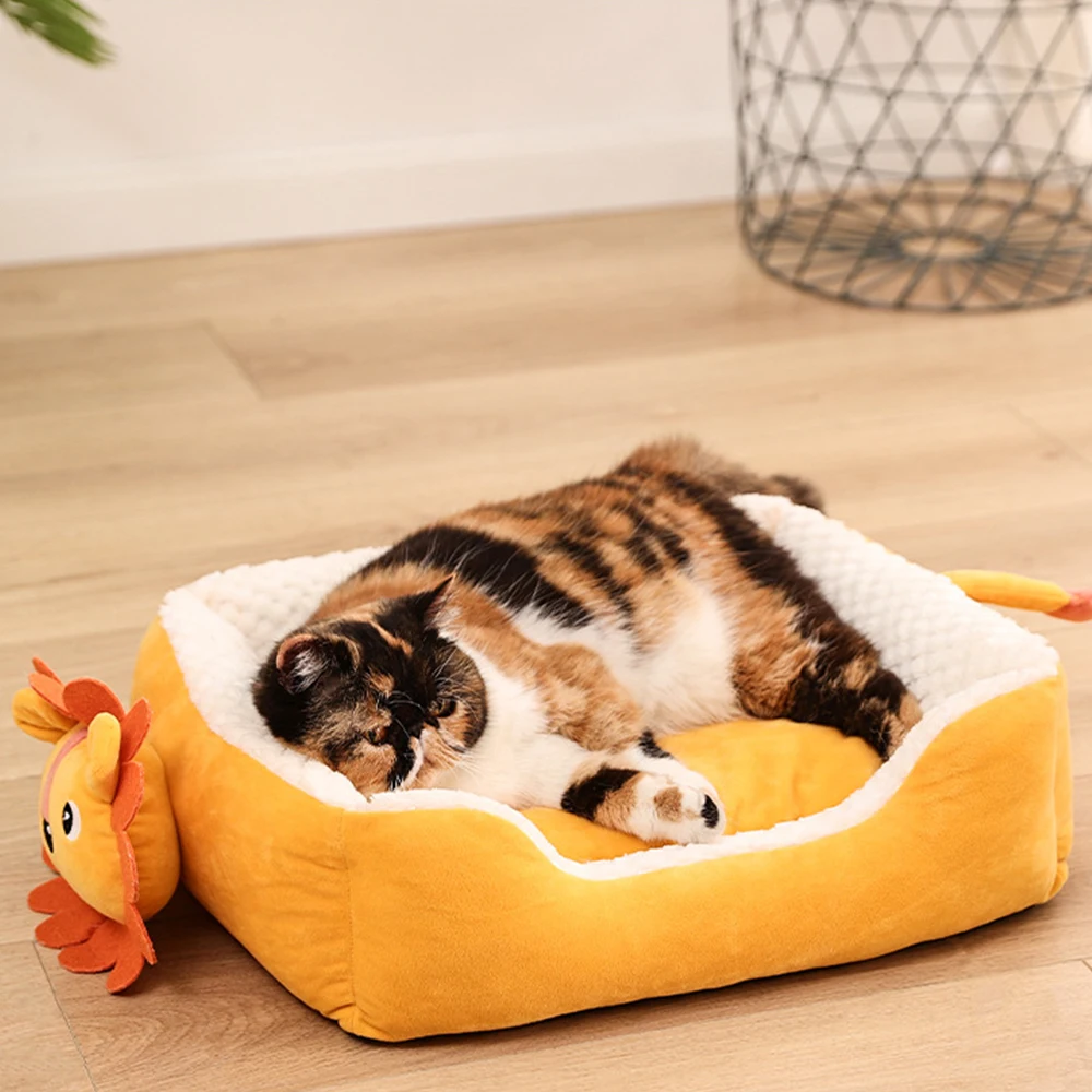 

New Cat Beds Mats Winter Warm Pet Basket Cozy Kitten Lounger Cushion Cute Lion Type Cat House Tent Soft Litter Mat for Cats Cave
