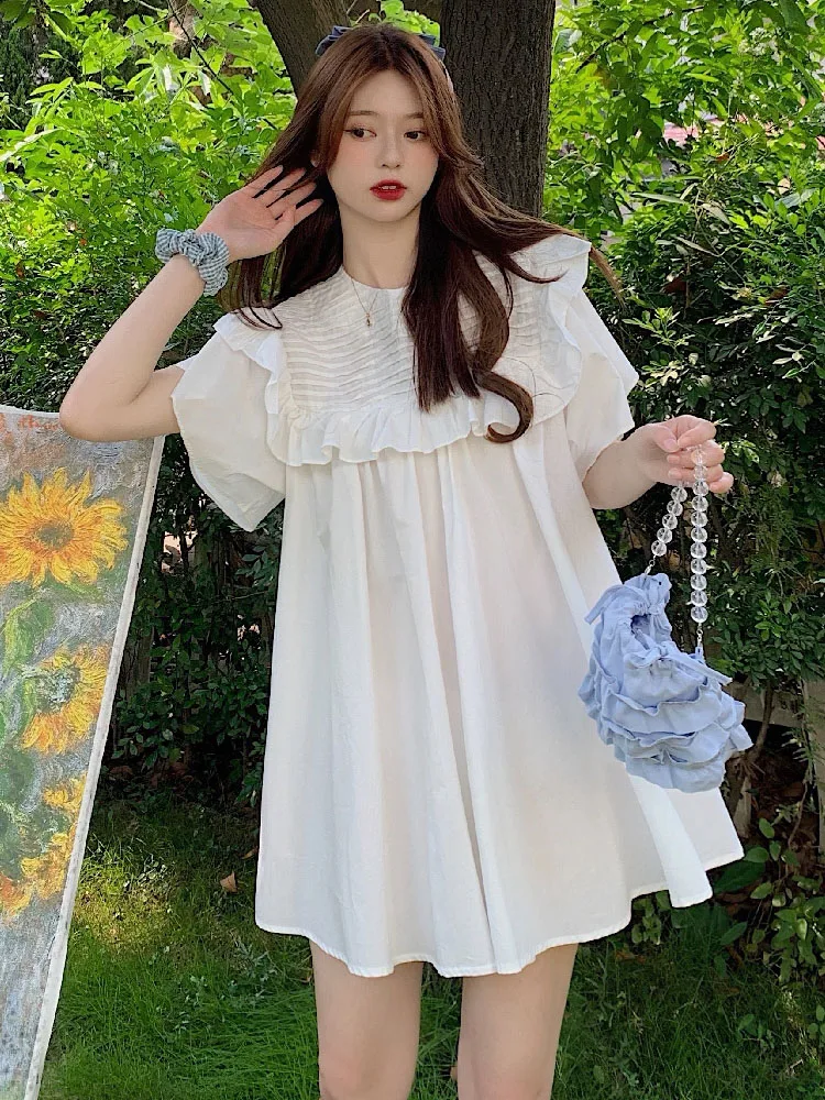 

2022 Summer Sweet White Women Mini Dress Elegant Fungus Edge Folds Loose Puffy Dresses Elegant Ladies Short Sleeve Dress Vestido