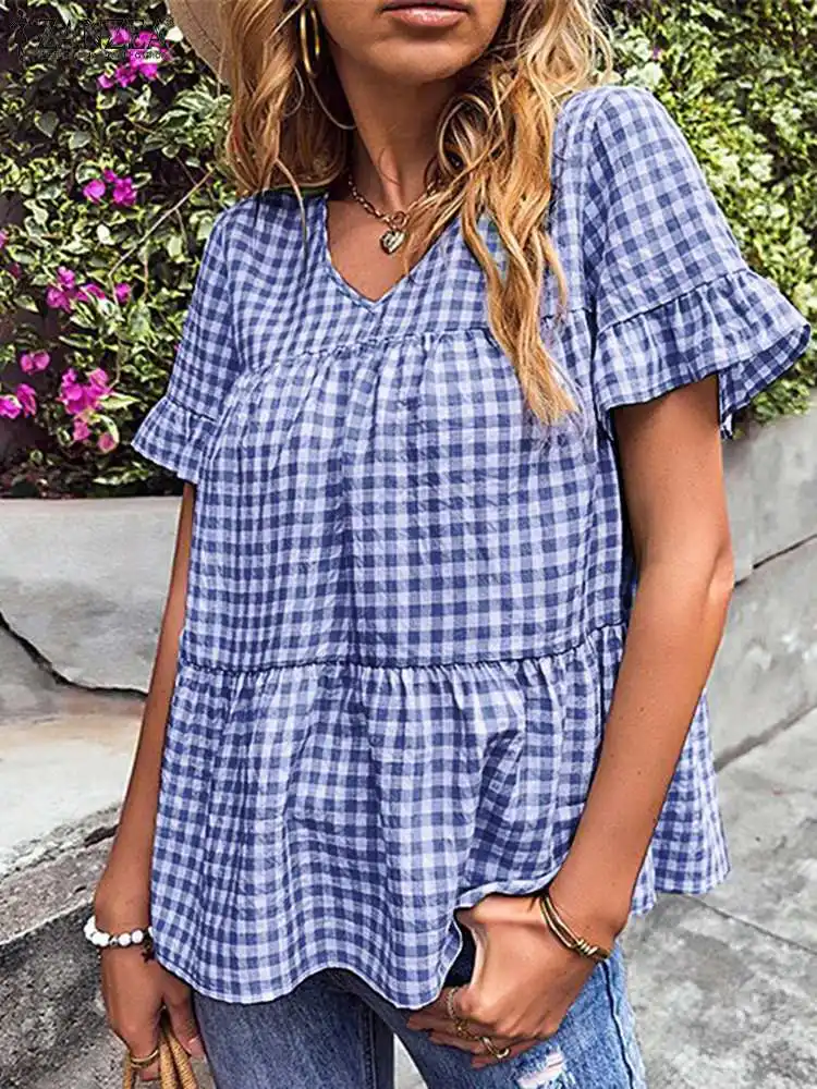 

ZANZEA Summer Causal Loose Woman Blouses Check Printed Elegant Blouse Women V-Neck Short Sleeve Tops Holiday Beach Plaid Shirt