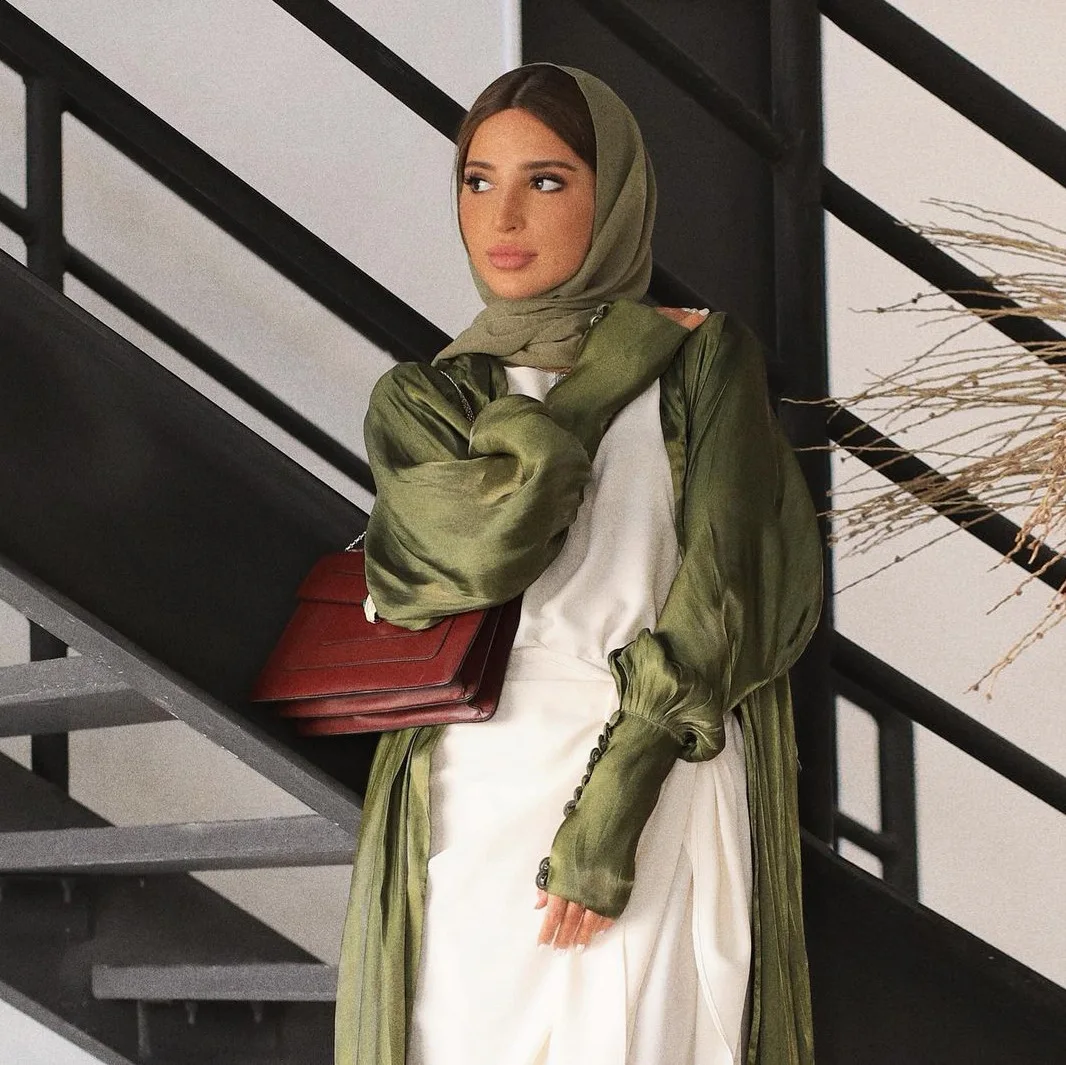 Open Abaya Kimono Muslim Hijab Dress Turkey Mushroom Sleeves Satin Abayas for Women Dubai Islam Outwear Kaftan Evening