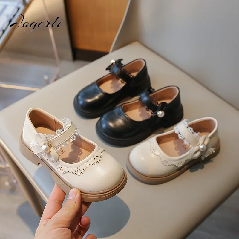 Лоферы детские из ПУ кожи однотонные с бантом жемчужинами мягкая подошва для