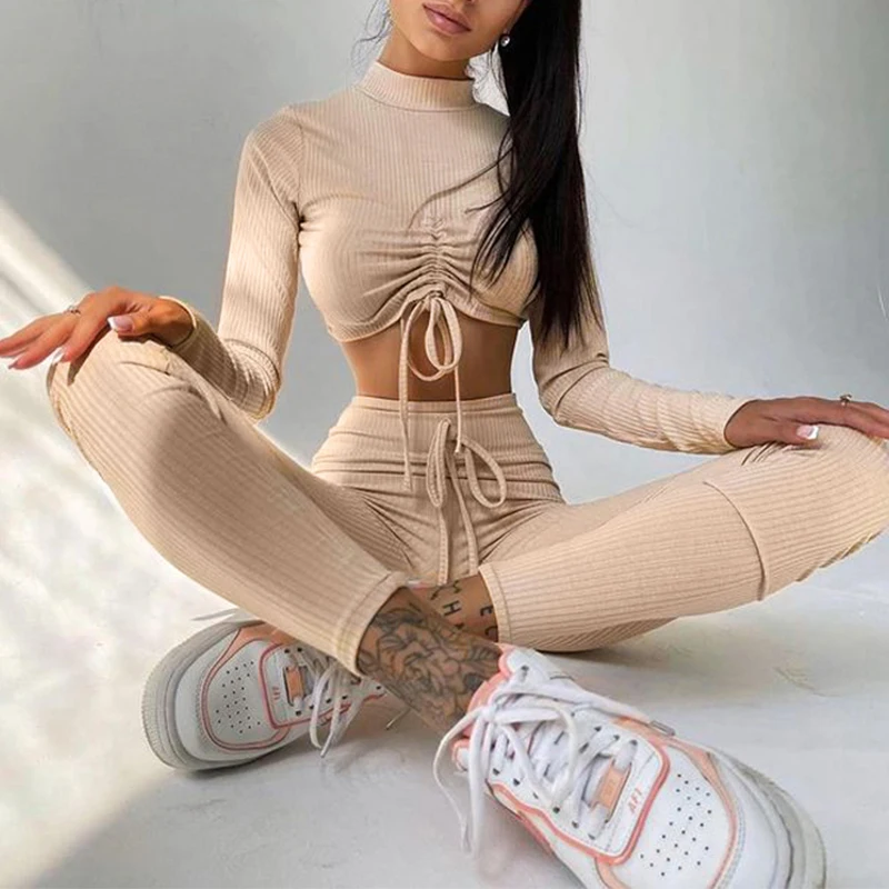 

Women T-shirt+Trousers Suit Ladies Fashion Drawstring Long Sleeve Cropped Tops and Tight Pants Sets Casual Daily Outfits 3Colors