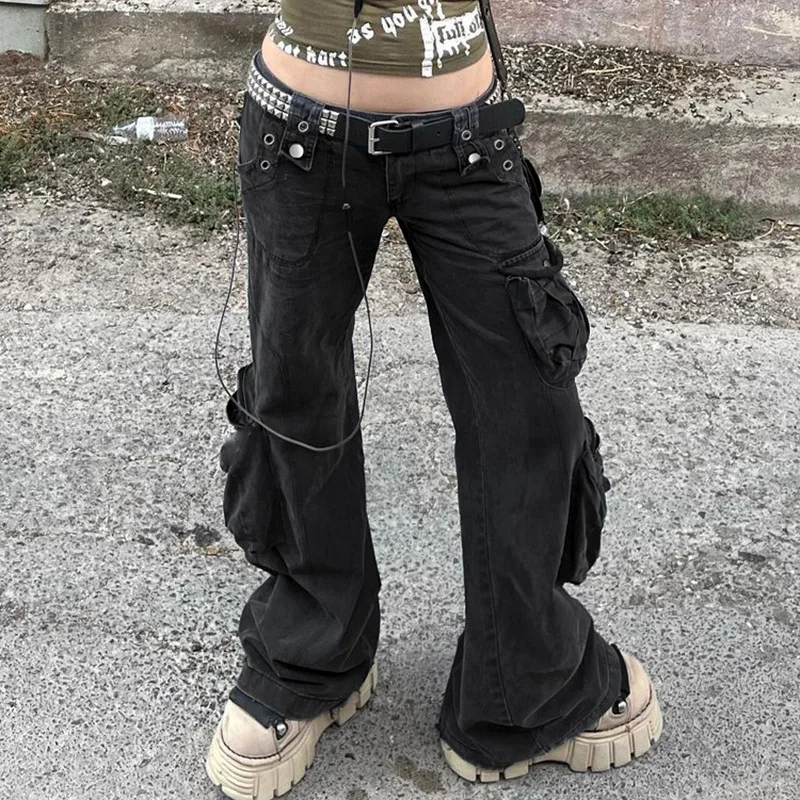 Y2K Harajuku Goth Grunge Pants 2000s Women Low Waist Straight Trousers E Girl Korean Fashion Punk Style Cargo Pant with Pockets