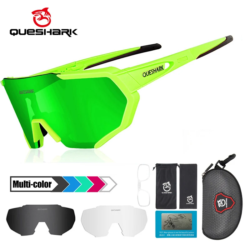 Женские и мужские очки QUESHARK, поляризационные солнцезащитные очки с большой оправой, HD, 3 линзы, спортивные, MTB, велосипедные очки для езды, шоссейные, велосипедные очки