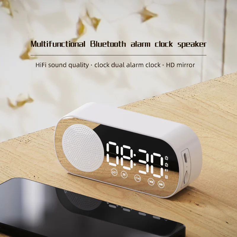 With Fm Radio Mirror Surface Digital Clock Handsfree Silent For Student Bedroom Travel