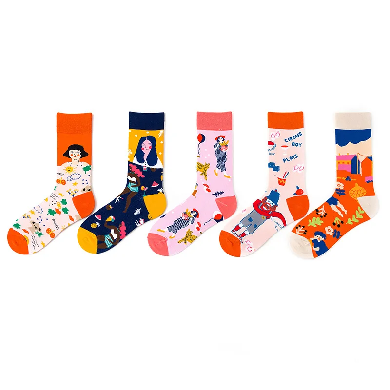 5 Pairs/Pack New Arrival Colorful Socks Women Cartoon Girls Plant Sun Clown Cute Kawaii Fashion Middle Tube Lady Socks Gift