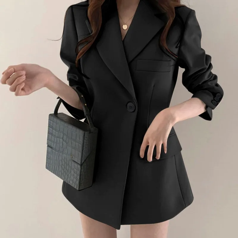 Khaki Black Mid Length Chic Blazers Women Solid Colors Single Button Plus Size Suits 2021 Spring Autumn New Work Casual Blazer