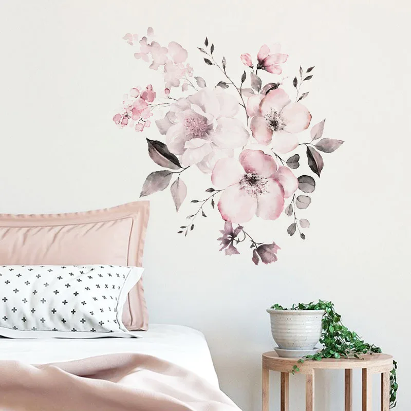

Flower Wall Sticker 30*90cm Watercolor Pink Flower Cluster Home Background Decoration Can Be Removed