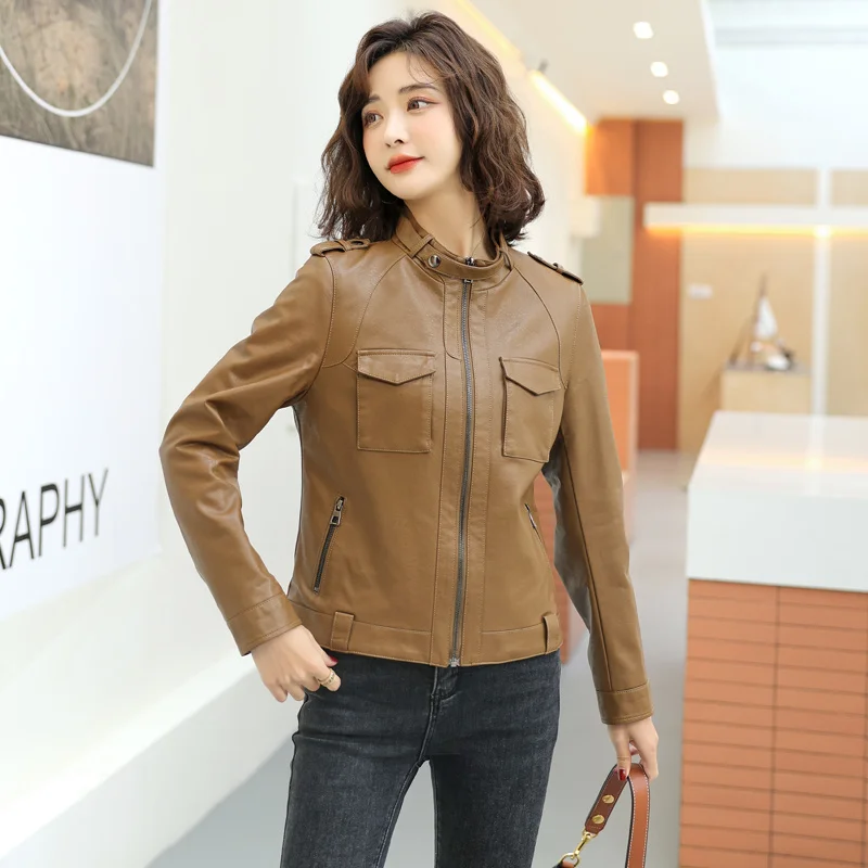 

4XL Leather Jacket Women Spring 2023 New Leather Coat Women Short Slim Autumn Wild Motorcycle Female Leather Clothing Black