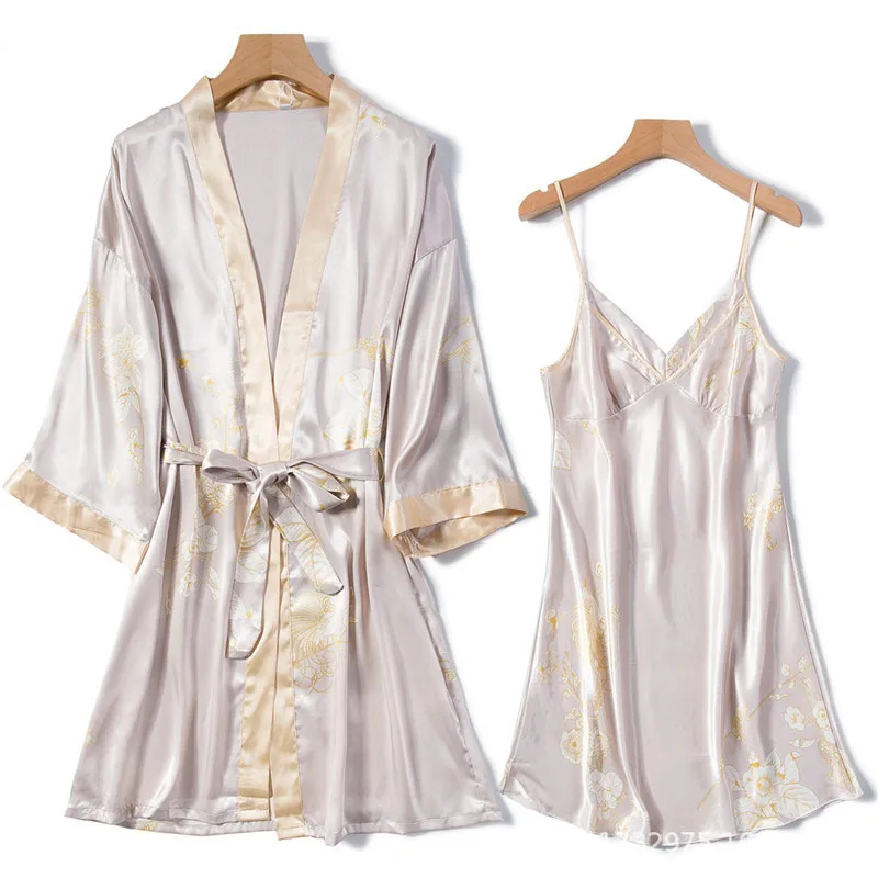 Women's Sleepwear 2 Pcs Sets Satin Silk Sleepwear Long Sleeve Robe Nightgown and Sling Sleep Dress Pajamas Set